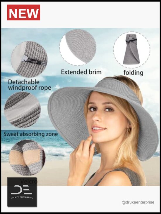 Foldable Straw Sun Visor Hat with Wide Brim, Adjustable Size, UPF 50+ Protection main image 5